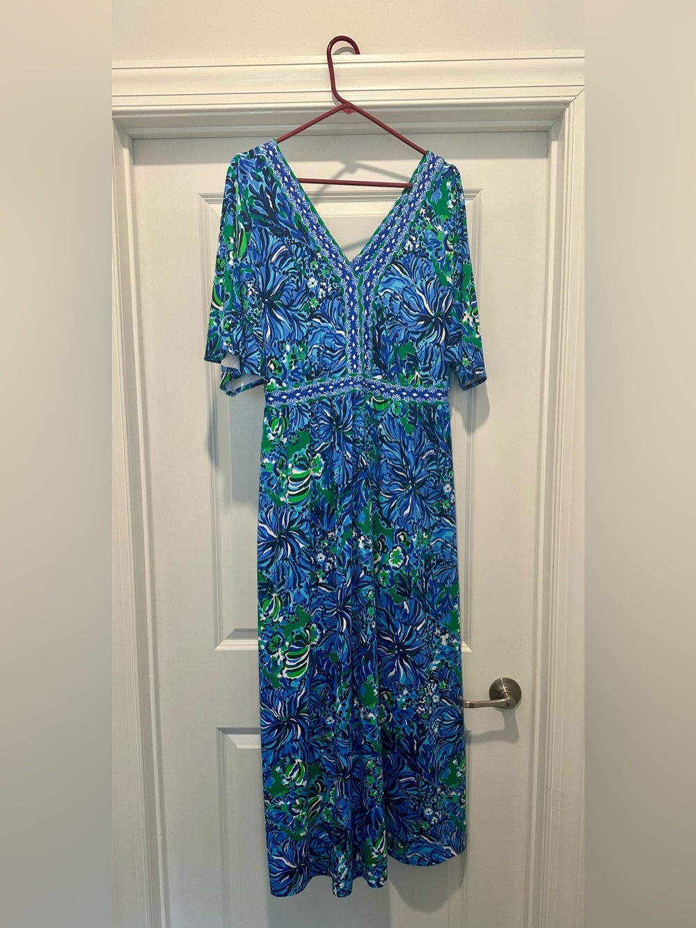 Lilly Pulitzer Blue and Green Floral V-Neck Maxi Dress